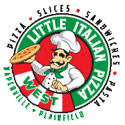 Little Italian Pizza West logo with chef holding a pizza, green and red badge, Plainfield and Naperville text around the edge