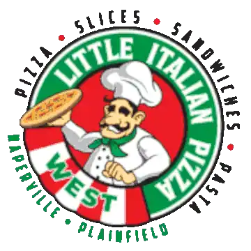 Little-Italian-Pizza-West-Logo-Retina Little Italian Pizza West logo with chef holding a pizza, green and red badge, Plainfield and Naperville text around the edge