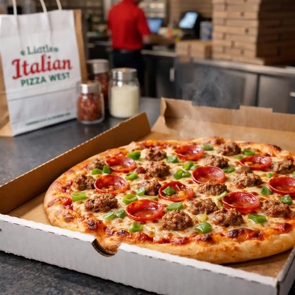 Pepperoni, Sausage & Green Pepper Pizza in Takeout Box | Little Italian Pizza West Fresh pepperoni, sausage, and green pepper thin-crust pizza steaming in an open takeout box on a counter, with a takeout bag and seasoning jars blurred in the background.
