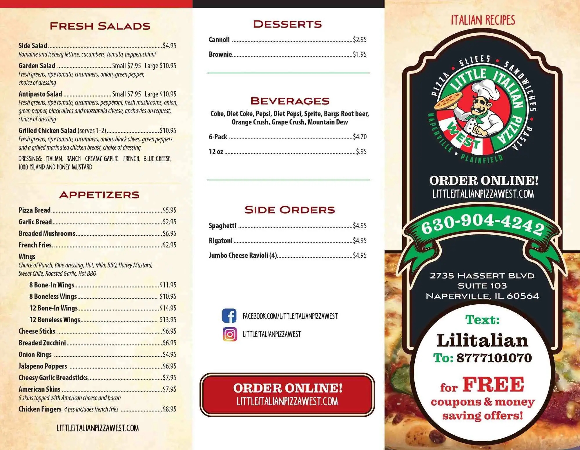 Little Italian Pizza West menu featuring salads, appetizers, desserts, beverages, and side orders.