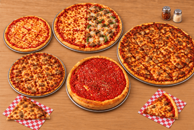 Five pizzas and two pizza slices arranged on a wooden table at Little Italian Pizza West.
