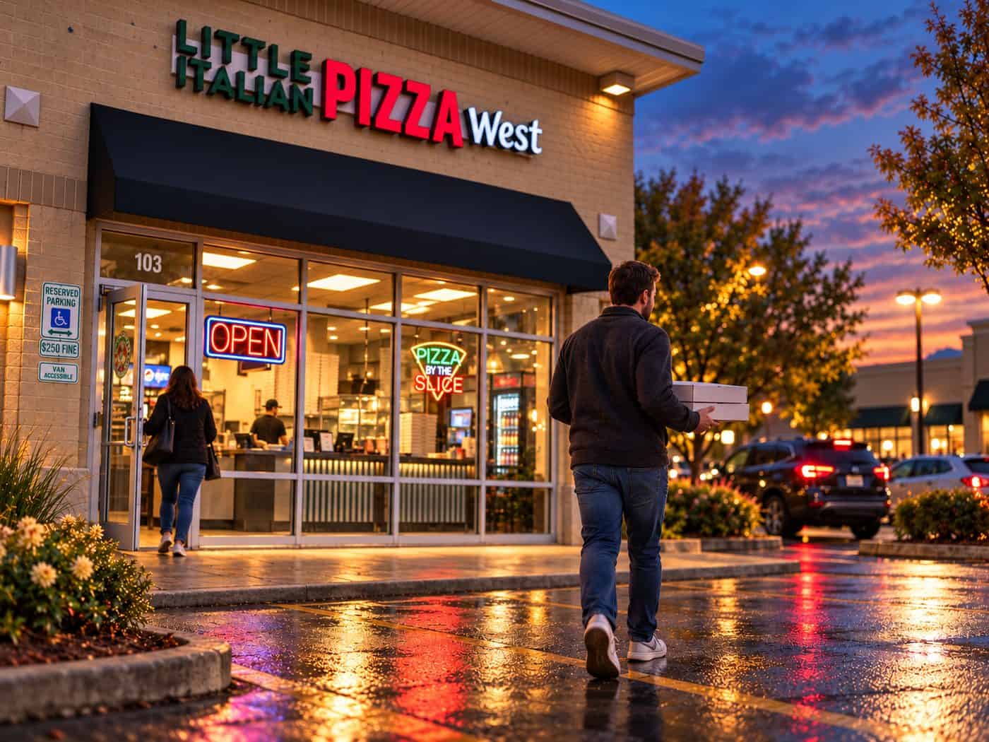 little-italian-pizza-west-neighborhood Little Italian Pizza West storefront in South Naperville at twilight